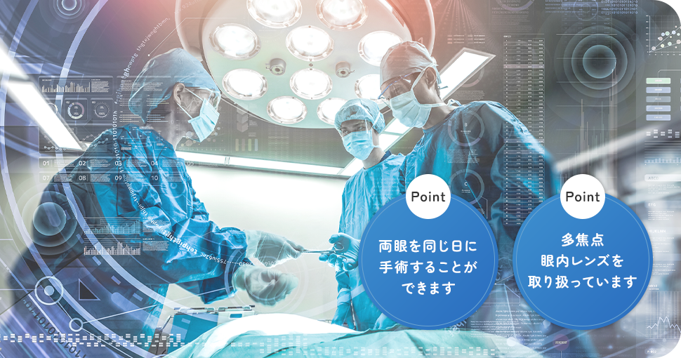 日帰り白内障手術【Point | 両眼を同じ日に手術することができます】【Point | 多焦点眼内レンズを取り扱っています】